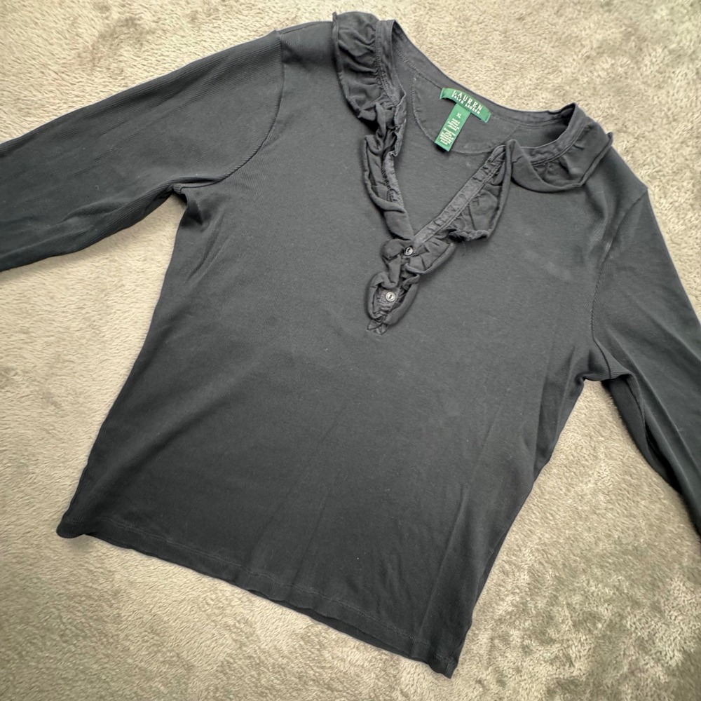 Lauren Ralph Lauren Top Womens XL Black Excellent Ruffle Ribbed Cotton Henley